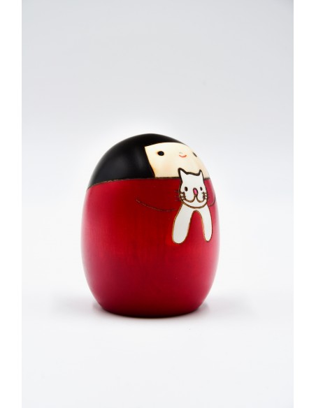 Kokeshi Giapponese, bambola decorativa - Gatto Sally, rossa | Japan Primavera