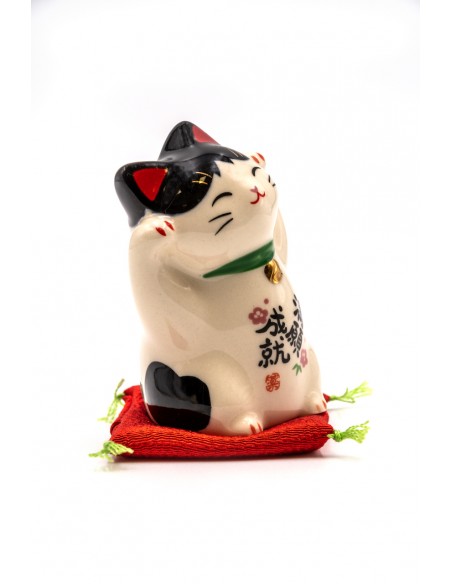 Maneki Neko Bianco e Nero, portafortuna Giapponese - due zampe alzate