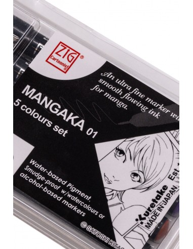 Kuretake Japanischer Manga Stift Schwarz - Packung mit 5 farbenfrohen Mangaka (Größe 01)