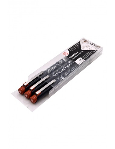 Kuretake Japanischer Manga Stift Sepia - Verpackung mit 3 Stiften mit Spitzen in verschiedenen Größen